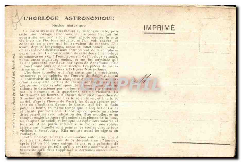 CARTE SYSTEME Strasbourg L'Horloge Astronomique Notice Historique Cathedrale  — Verso