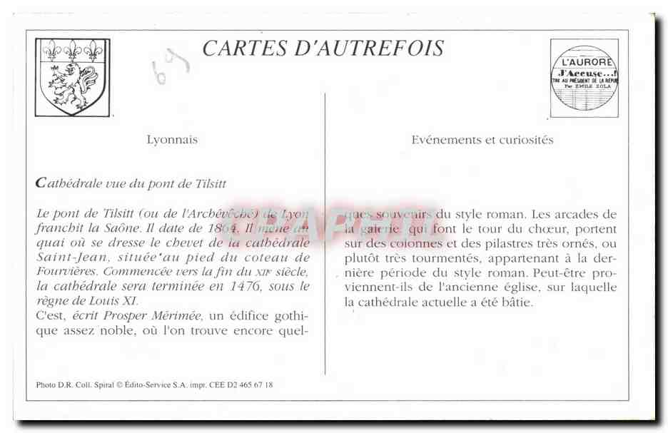 LYON — Pont Tilsitt, Cathédrale Saint-Jean et Coteau de Fourvière — E.R. — Verso