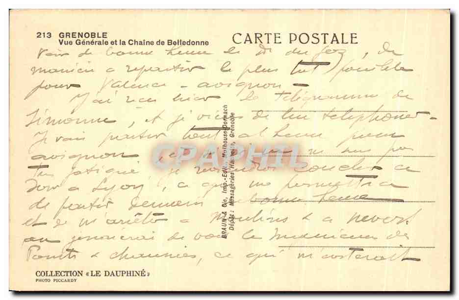 CPA Grenoble Vue Generale et la Chaine de Belledonne — Verso