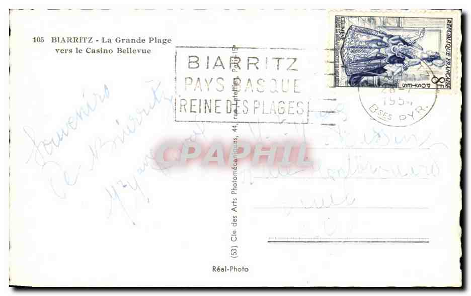 CPA Biarrtz La Grande Plage vers le Casino Bellevue — Rückseite