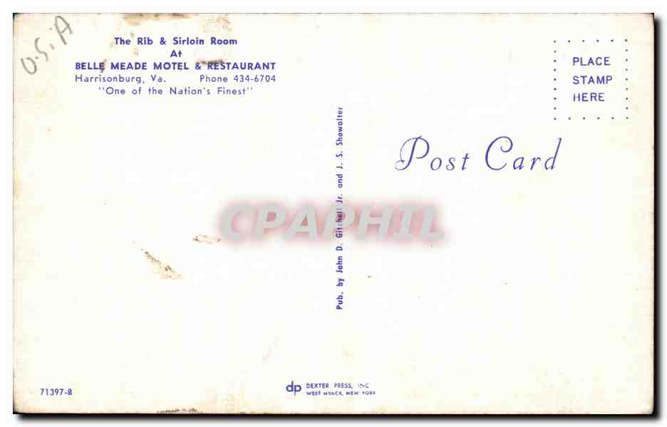 CPSM The Rib Sirloin Room Belle Meade Motel Restaurant Harrisonburg — Back