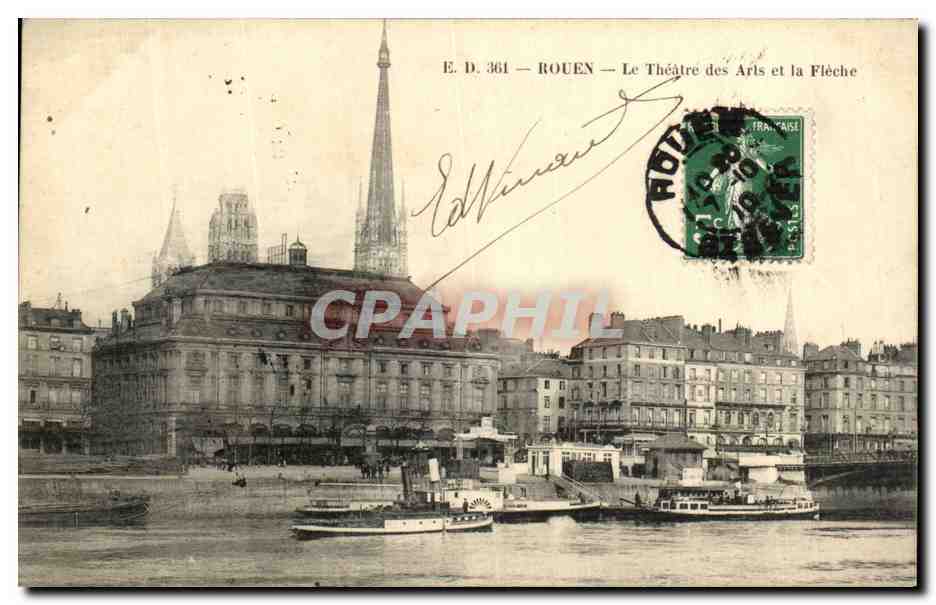 CPA Rouen Le Theatre des Arls et la Fleche Bateaux