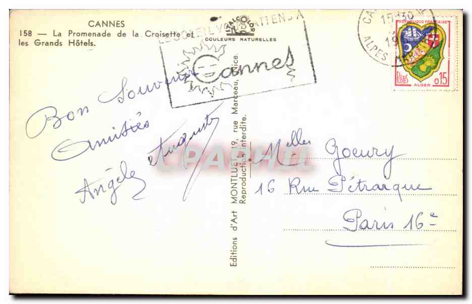 CPA Cannes La Promenade de la Croisette et les Grands Hotels — Rückseite