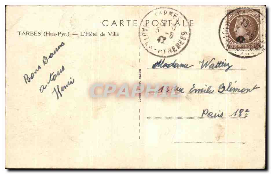 CPA Tarbes L'Hotel de Ville — Verso