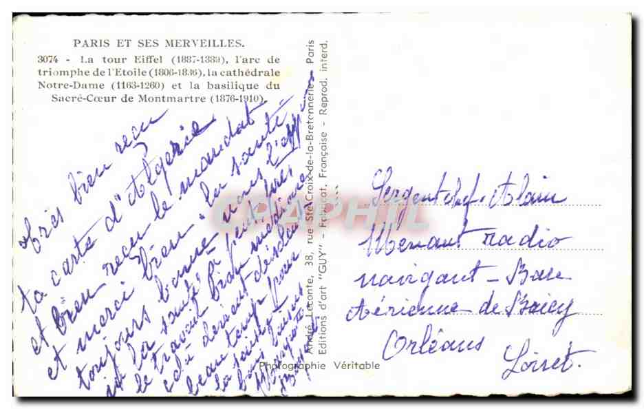Paris et ses merveilles — 3074 — Éditeur GUY — Verso