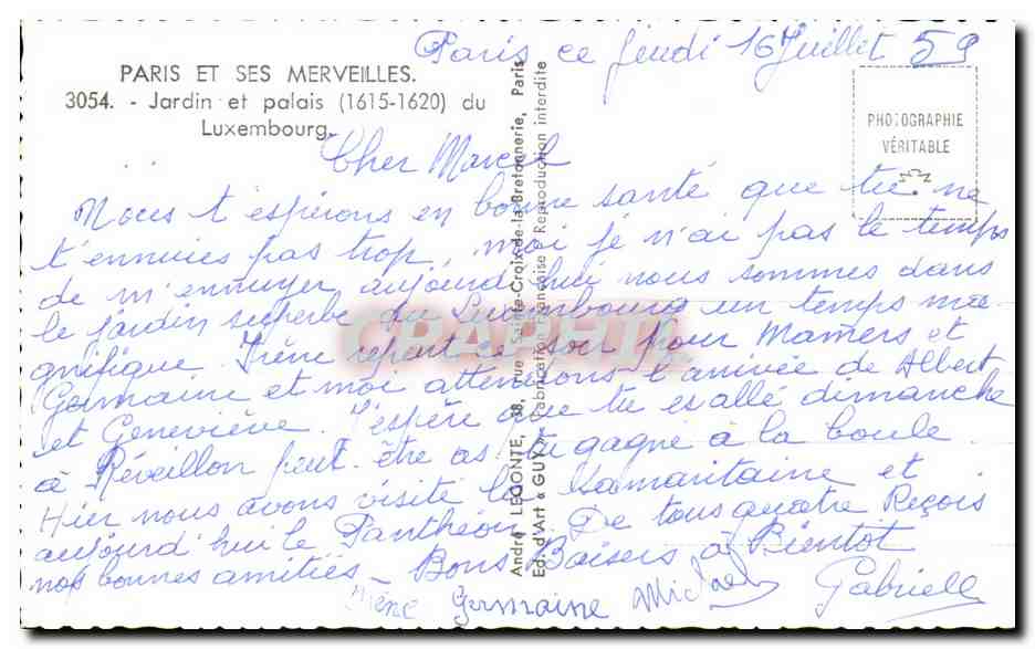 CPA Paris Et Ses Merveilles Jardin Et Palais Luxembourg — Verso