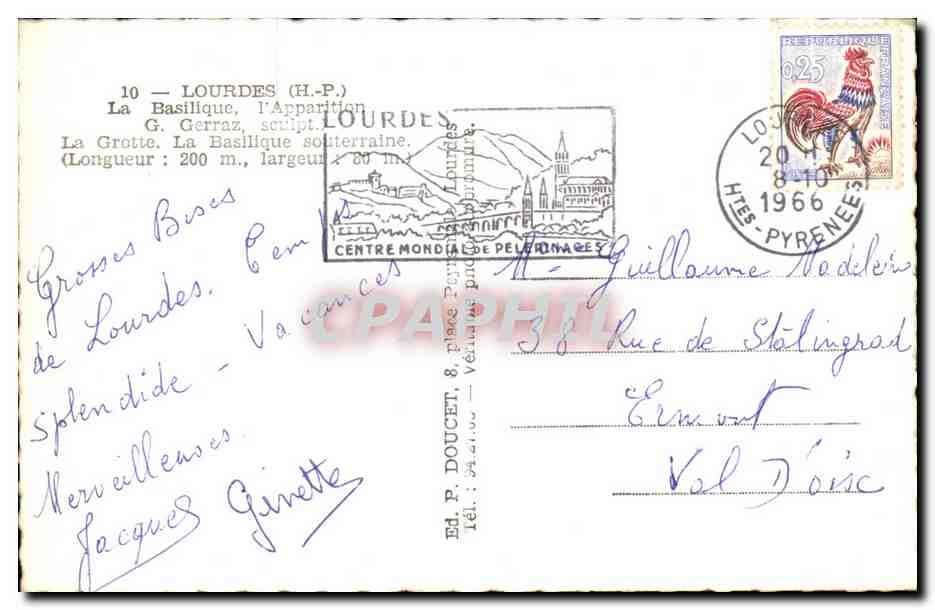 Lourdes — La Grotte et la Basilique — Éd. P. Doucet, n°10 — Verso