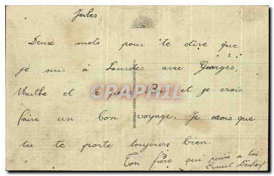 CPA De Lourdes nous apportons Hirondelles  — Verso