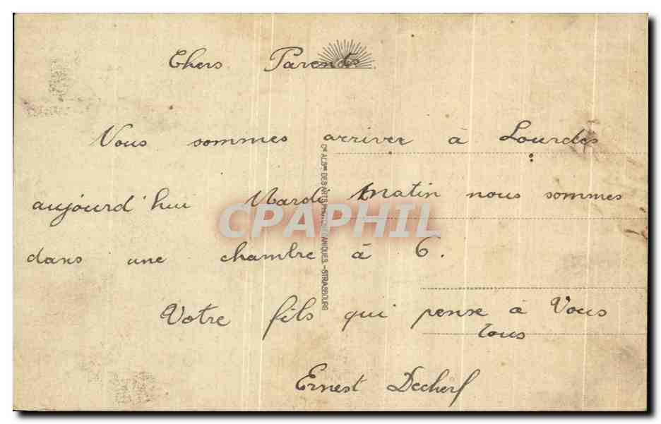 CPA De Lourdes nous apportons Hirondelles  — Verso