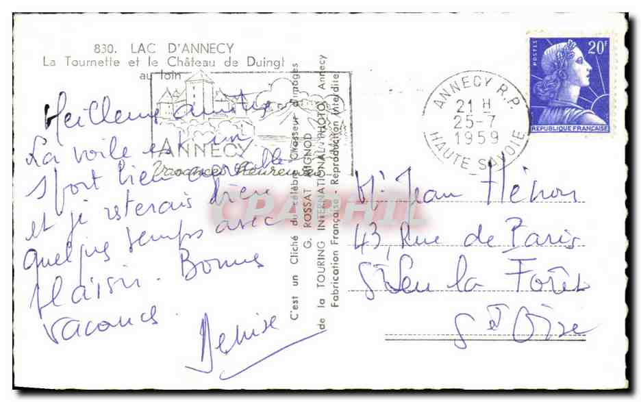 Lac d'Annecy — La Tournette et le Château de Duingt — G. Rossignol — Verso