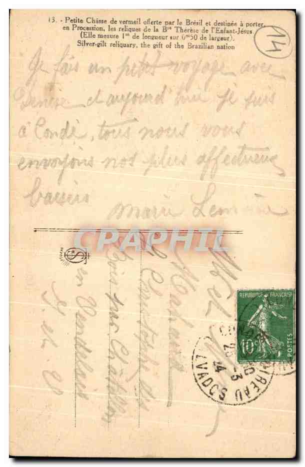 Châsse de vermeil — offerte par le Brésil — éditeur Gisneux, n°13 — Rückseite