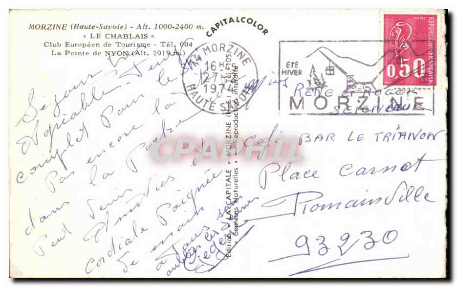 Morzine (Haute-Savoie) — vue hivernale avec montagne enneigée et bâtiments — éditeur CAPITALCOLOR, n° de série non visible — Reverso