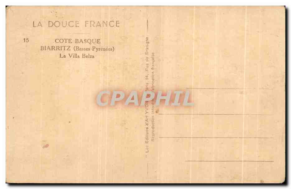 CPA Cote Basque Biarritz La Villa Belza — Verso