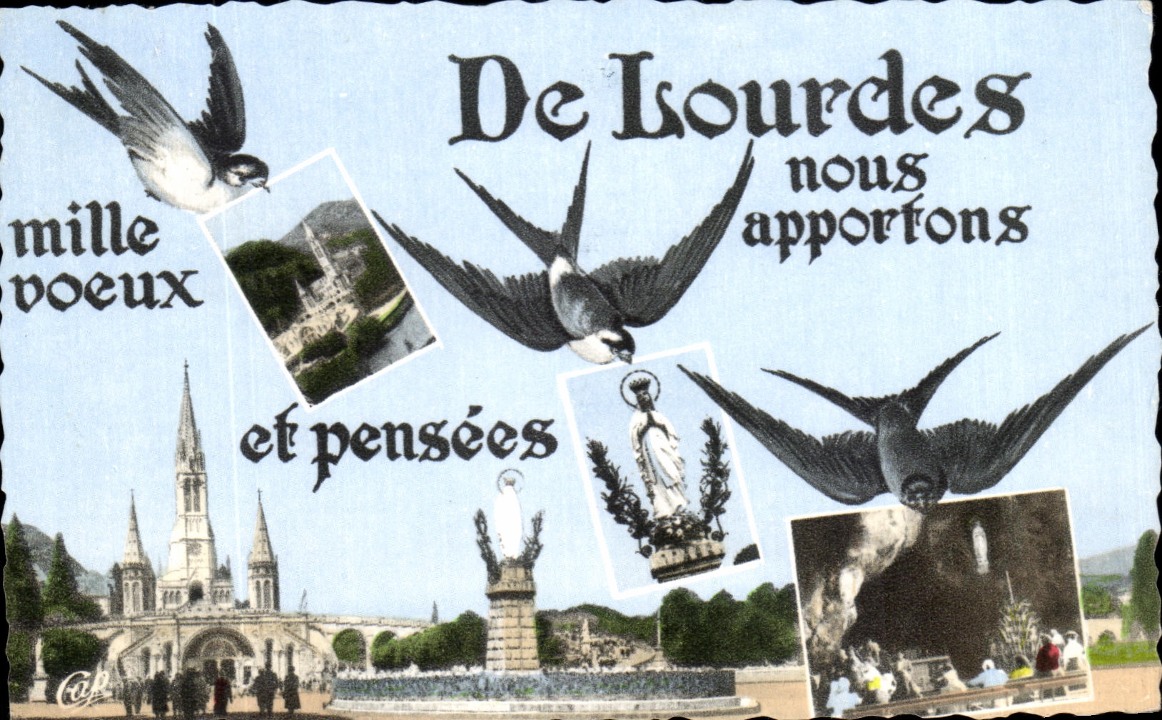 CPA De Lourdes Nous apporfons Mille Doeux ef Pensees Hirondelles