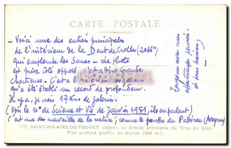 Entrée du Trou du Glaz — Saint-Hilaire-du-Touvet — éditeur M. Mallet — Verso