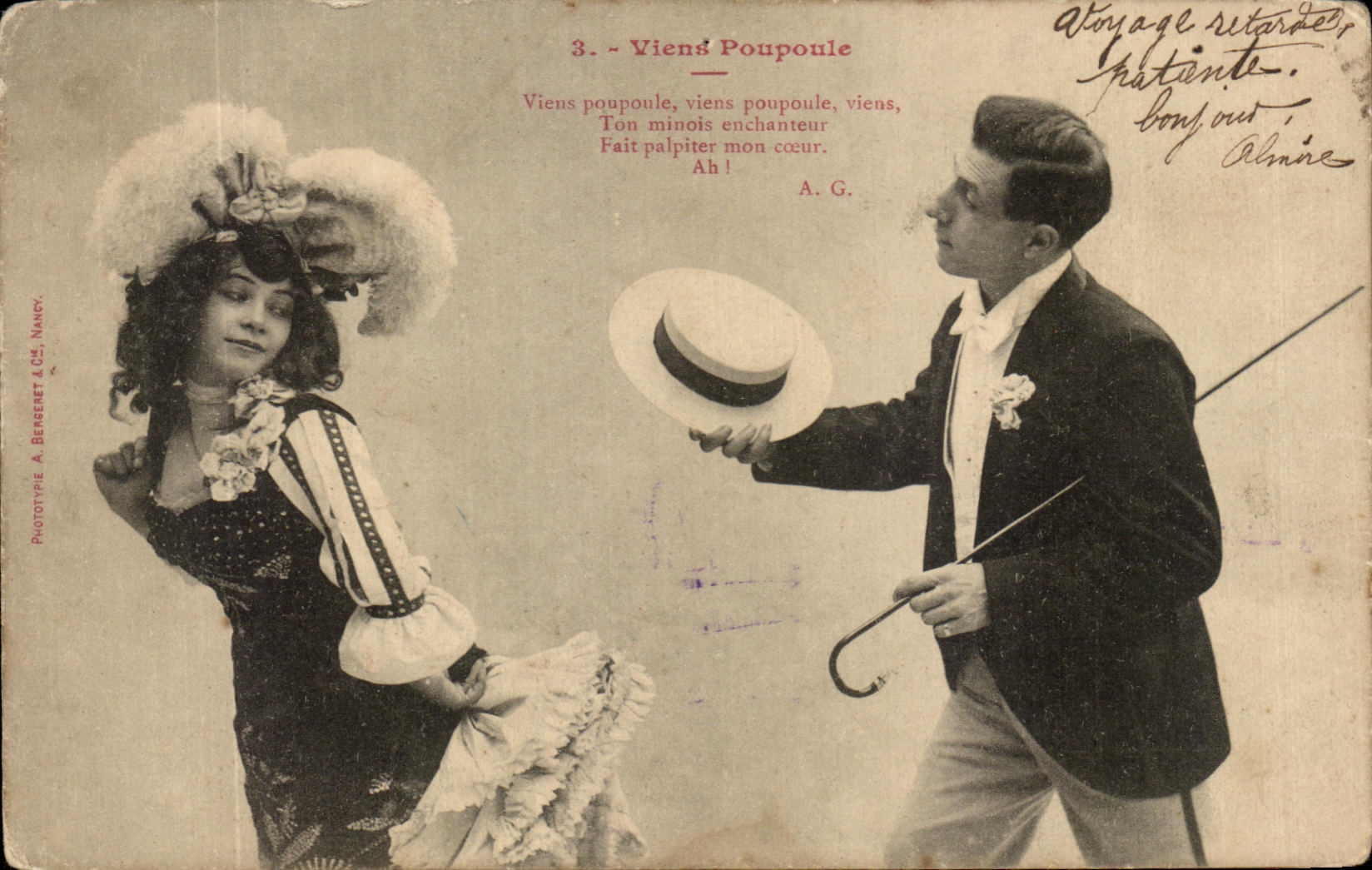 Viens Poupoule — scène de couple — Phototype A. Beneret & Cie, Nancy