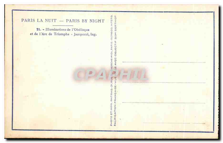 CPA Paris La NuitIlluminations de l'Obelisque et de l'Arc de Triomphe — Rückseite