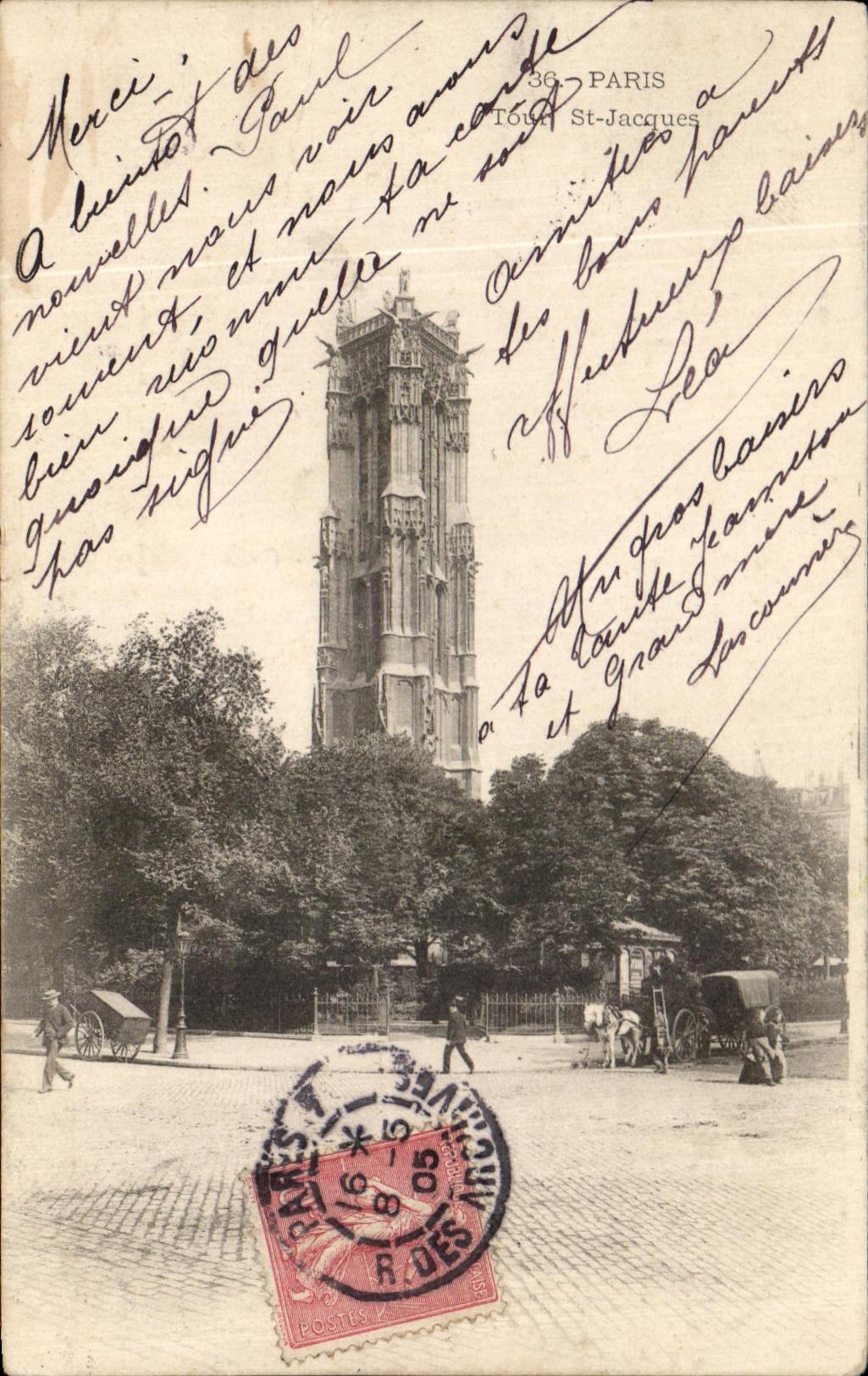 CPA Paris Tour St Jacques Atellage cheval Animee