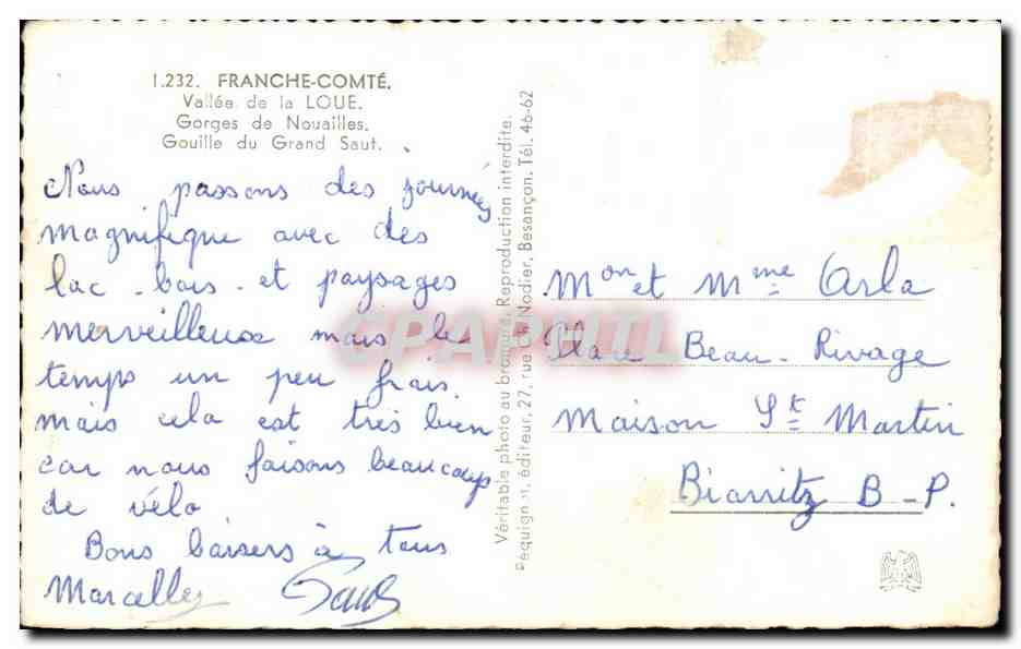 CPA Franche Comie Vallee De Le Loue Gorges De Nouailles Gouille du grand Saut — Verso