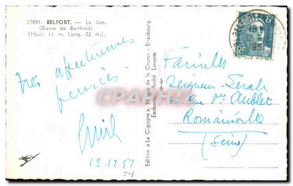 CPA Belfort Le Lion Oeuvre de Bartholdi — Verso
