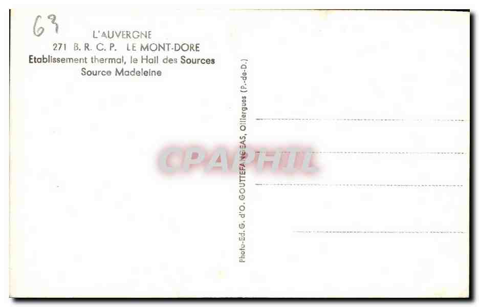 CPA L'Auvergne Le Mont Dore Etablissement thermal le Hall des Sources Madeleine — Verso