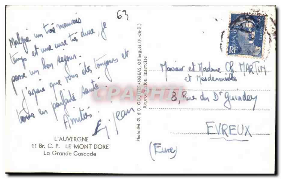 CPA L'Auvergne Le Mont Dore La Grande Cascade — Verso