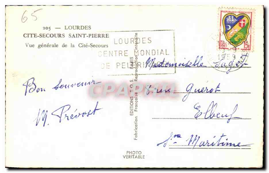 CPA Lourdes Cite Secours Saint Pierre Vue generale de la Cite Secours — Verso