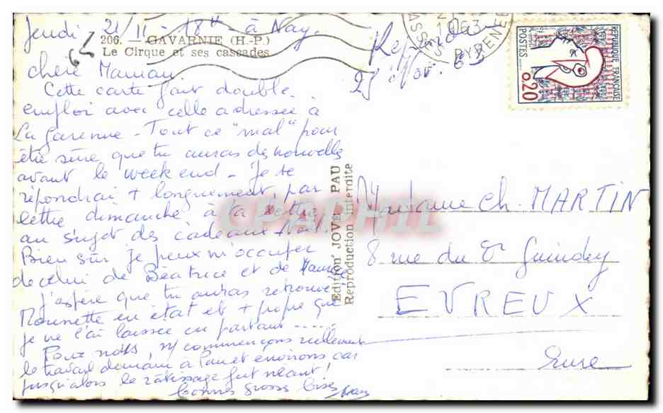 Le Cirque et ses cascades — Gavarnie (H-P) — édition JOYE PAU n°206 — Rückseite