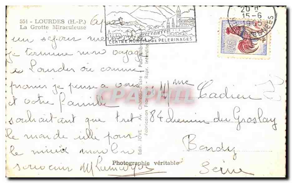 CPSM Lourdes La Grotte Miraculeuse — Verso