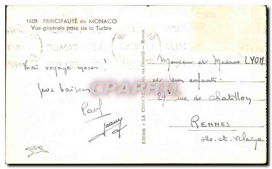 CPA Principaute De Monaco Vue Generale Prise De La Turbie — Verso