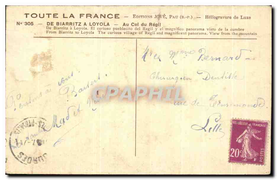 CPA Pau De Biarritz A Loyola Au Col du Regil  — Rückseite