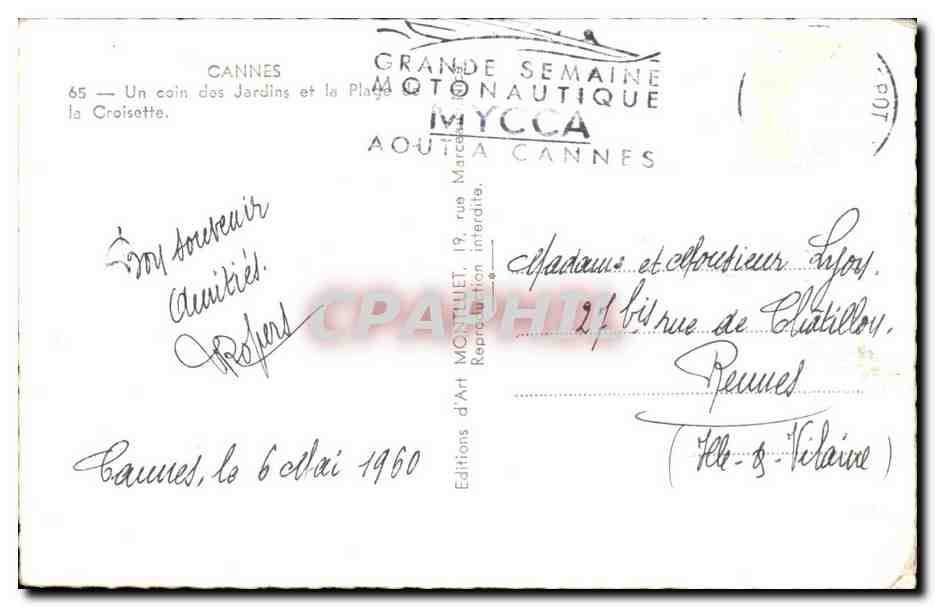 CPA Cannes Un Coin des Jardins et la Place la Croisette — Rückseite