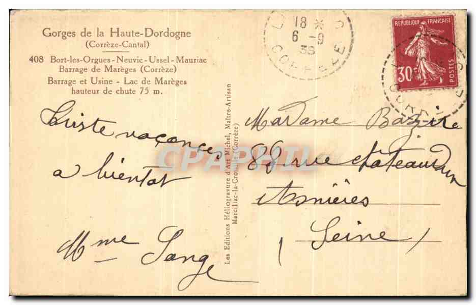 CPA Bort les Orgues Neuvic Ussel Mauriac Barrage de Mareges — Rückseite