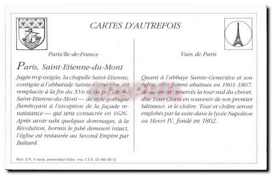 REPRO Paris L'Eglise St Etienne du Mont le Lycee Henri IV et la Tour de Clovis — Rückseite
