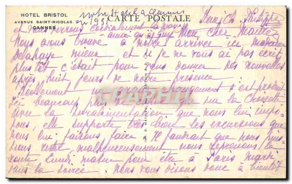 CPA Cannes Hotel Bristol — Verso