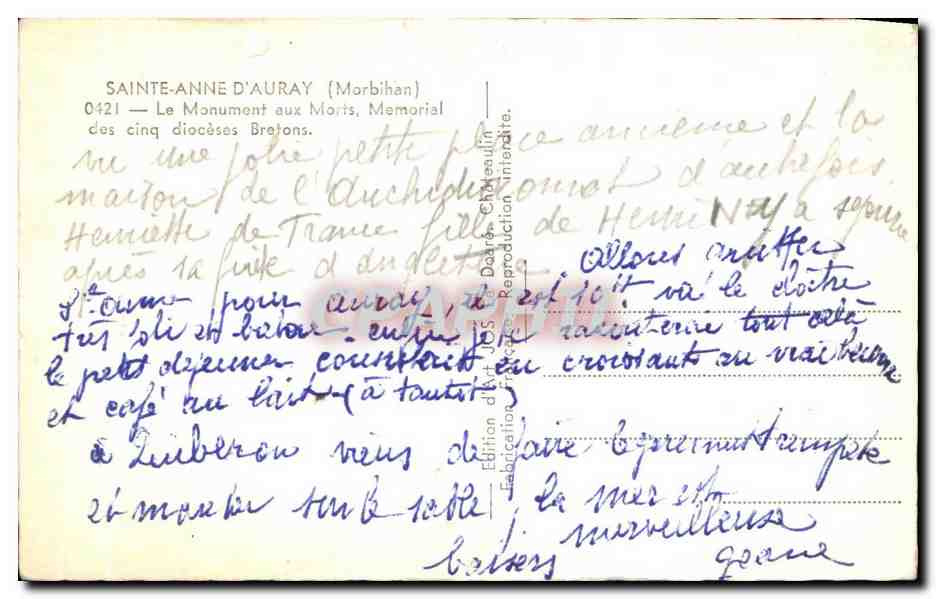 CPA Sainte anne Auray Le Monument Aux Morts — Verso