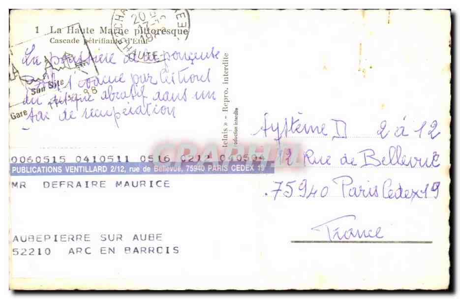 CPSM La Haute Marne Pittoresque Cascade petrifiante D'Etuf — Rückseite