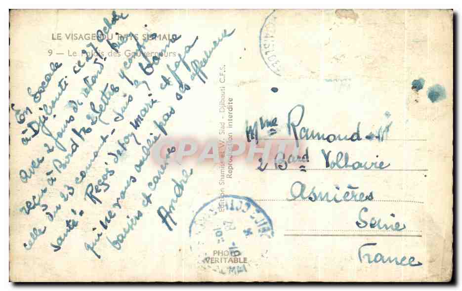 CPA Cote Somalis Le palais des gouverneurs — Rückseite