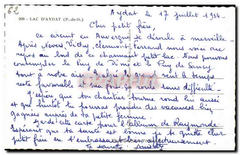 Lac d'Aydat — Puy de Sancy — éditeur Véritable — Verso