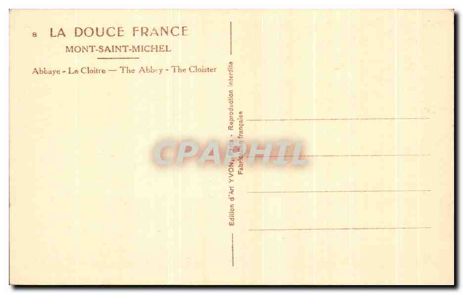 Mont-Saint-Michel — Der Cloister — Abtei — Kunstausgabe YVOH, französischer Verlag — Rückseite