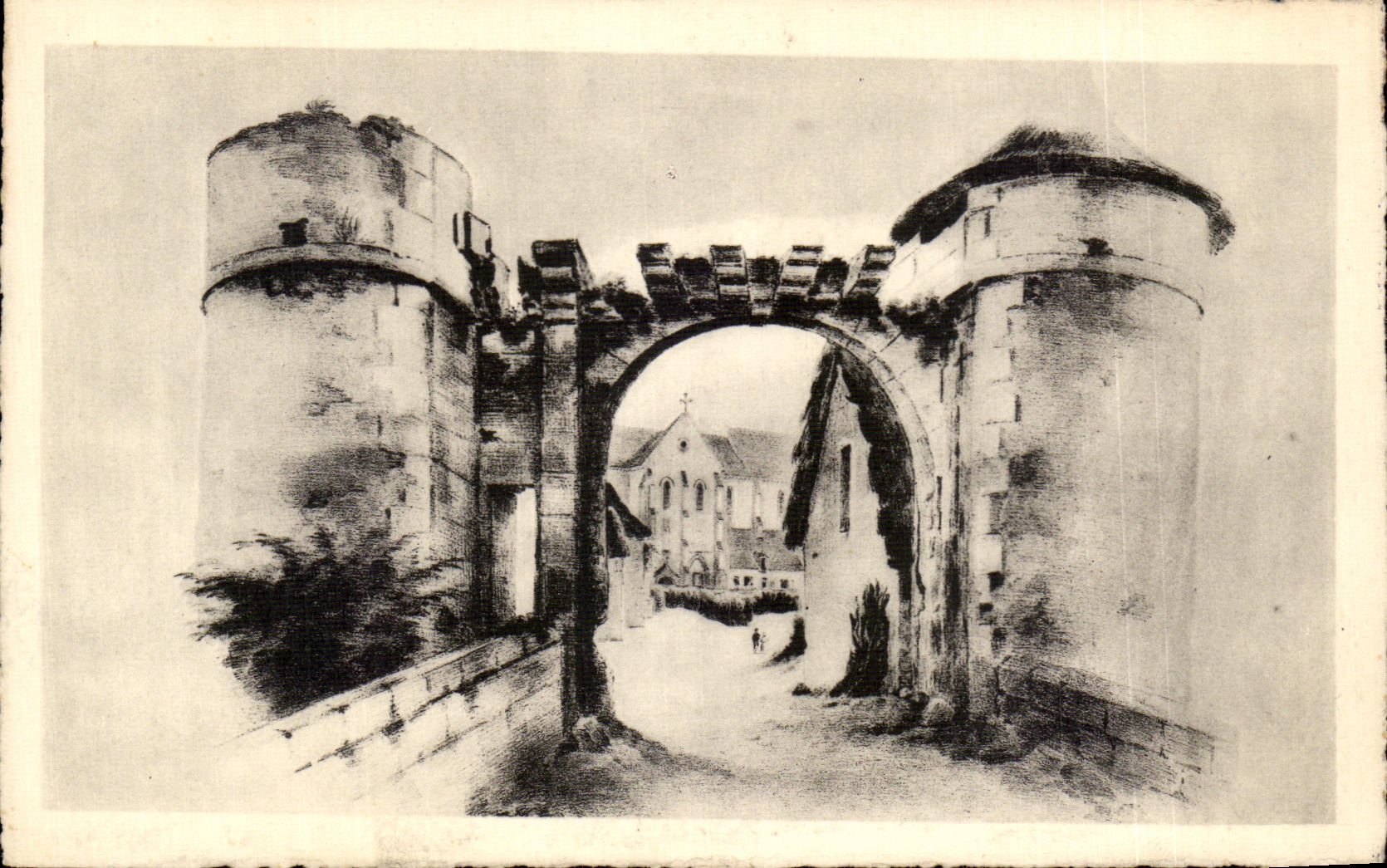 Le Vieux Compiègne — Porte fortifiée avec église en arrière-plan — Édition d'Art de la Librairie Moderne, Compiègne