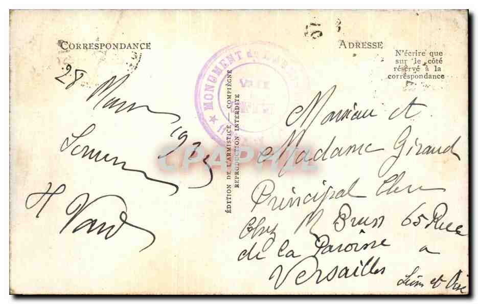 Forêt de Compiègne — Clairière de l'Armistice — Monument du "Malin", par Ed. Brandi — Verso