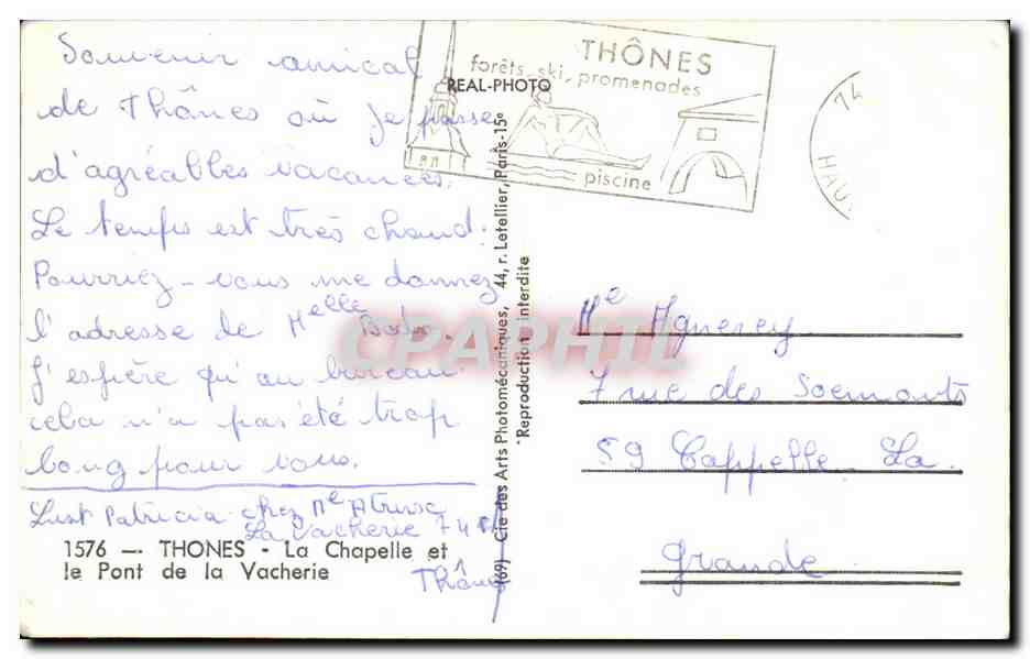 CPSM Thones La Chapelle et Le Pont de la Vacherie — Rückseite