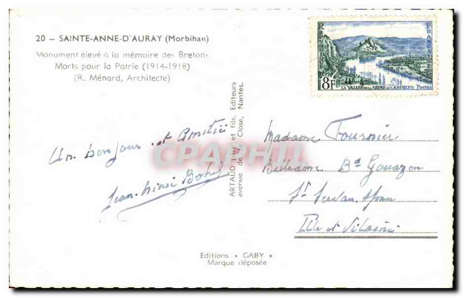 CPA Saint Anne D'Auray Monument eleve a la memoire des Bretons Morts pour la Patrie — Verso