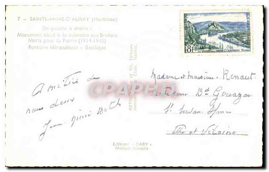 CPA Saint Anne D'Auray Monument De gauche a droite Monument eleva a la memoire des Bretons Morts Pour la Patrie — Verso