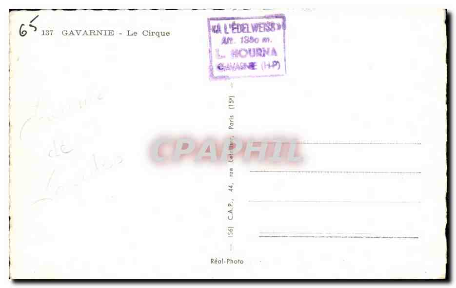 Gavarnie - Le Cirque — Éditeur C.A.P. Paris, n° 137 — Verso