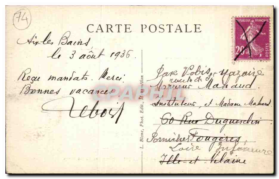 CPA Aix les Bains Lac du Bourget Plage des Belles Rives — Verso