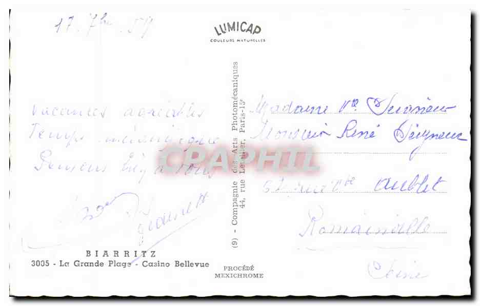 CPSM Biarritz La Grande Plage Casino Bellevue — Verso