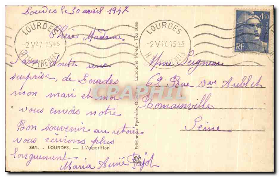 CPA Lourdes L'Apparition — Verso