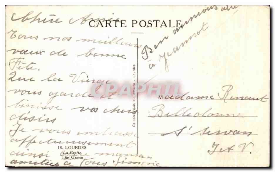 CPA Lourdes La Grotte — Verso